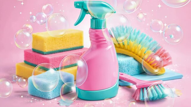 Bright pastel cleaning scene featuring a pink and teal spray bottle surrounded by colorful sponges and brushes with sparkling bubbles and soap suds on a soft pink background.