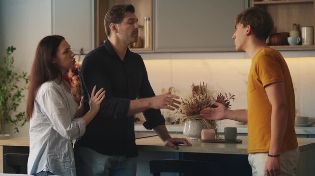 Teenage son arguing with parents, family misunderstanding and conflict