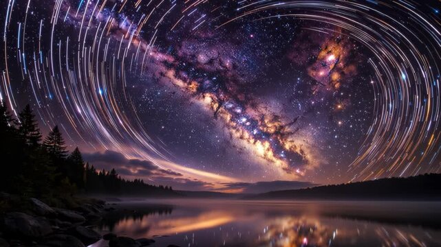 Panoramic nightscape of the Milky Way with circular star trails arcing across a colorful nebula sky above a tranquil forest-lined lake reflecting cosmic light at the horizon