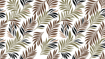Seamless tropical palm leaves pattern in earthy colors on white background. Minimalist vector botanical illustration of fern and jungle foliage for textile, wallpaper, and fabric design. © Robich Art