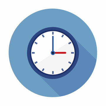 Simple clock face icon indicating three oclock on a light blue background with long shadow