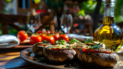 Fototapeta premium Grilled Stuffed Mushrooms with Herbs Served on Rustic Outdoor Dining Table with Olive Oil