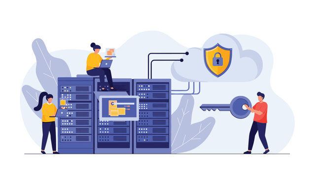 Cyber security and data protection concept with tiny people working on server racks and cloud storage under shield protection.