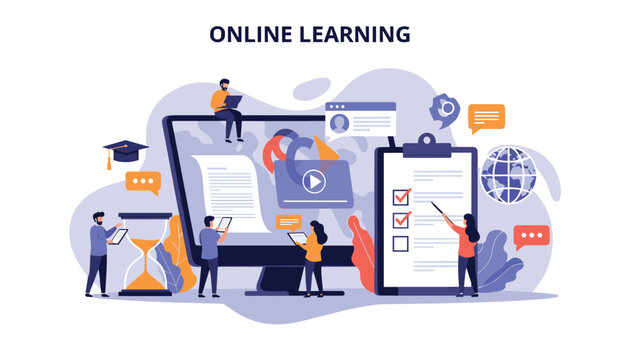 Concept of online learning and digital education with diverse students using computer for web courses and remote academic studying.