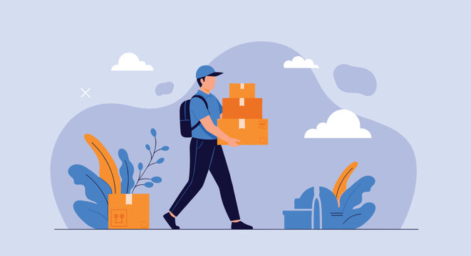 Professional courier man in blue uniform walking while carrying a stack of cardboard parcels for home delivery in a stylized outdoor setting.