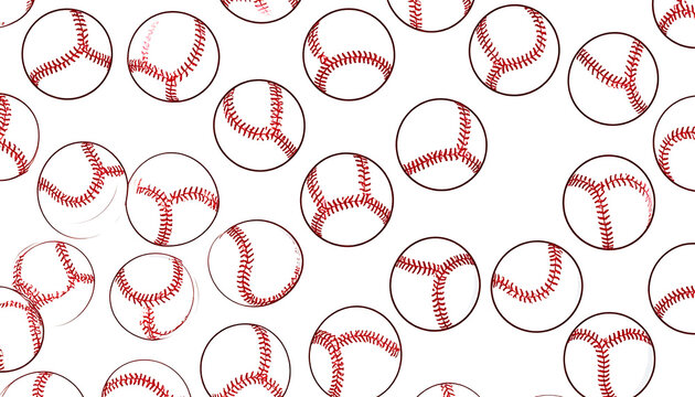 Seamless pattern of baseballs with red stitching on white, sports equipment motif, athletic game elements