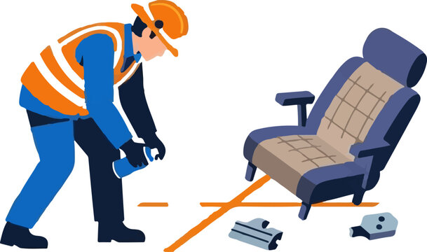 Construction worker cutting office chair with power tool.