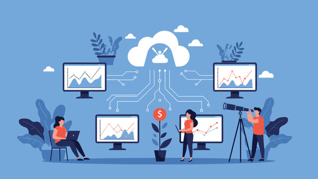 Cloud based business growth and data analytics concept with professional team monitoring financial performance charts.