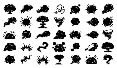 Cartoon dust cloud and smoke explosion silhouette set with comic effect vectors on white background © abdul