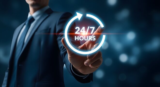 Business person touching a glowing 24 7 hours digital sign with finger for constant support and service