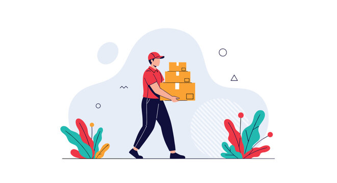 Dedicated delivery man in a red uniform carrying a stack of three cardboard boxes for quick courier and logistics services to customers.