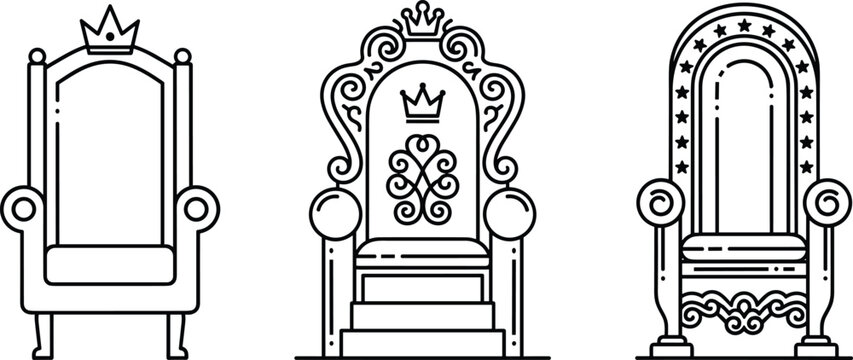 Black Silhouette Line Art Depicting Three Ornate Royal Thrones with Crown Motifs, Decorative Scrollwork and Star Accents