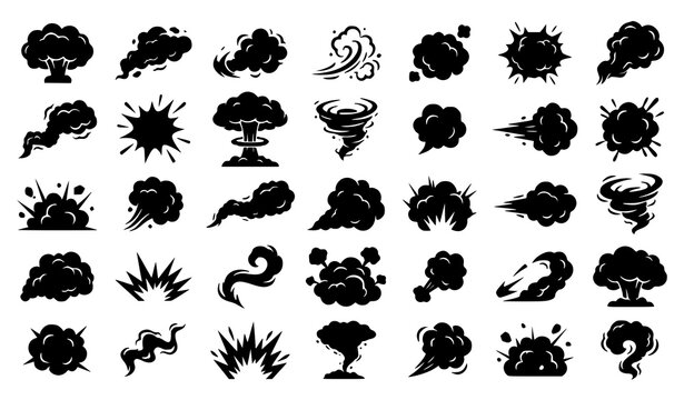 Cartoon dust cloud and smoke explosion silhouette set with comic effect vectors on white background
