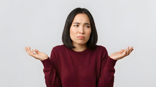 Young Asian woman with short dark hair shrugging, displaying a confused and uncertain expression, wearing a maroon sweater against a plain light gray studio background.