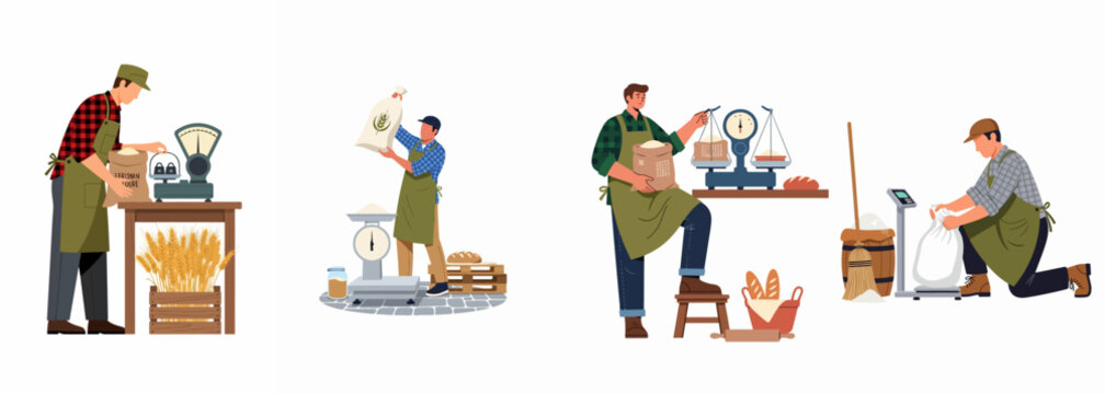 A collection of male bakery or mill workers in aprons weighing flour and grain sacks using traditional and modern scales, flat vector illustration.