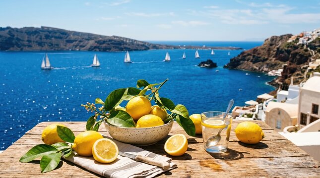Fresh lemons and glass of lemonade on wooden table overlooking sailboats on deep blue sea and rocky coastal cliffs