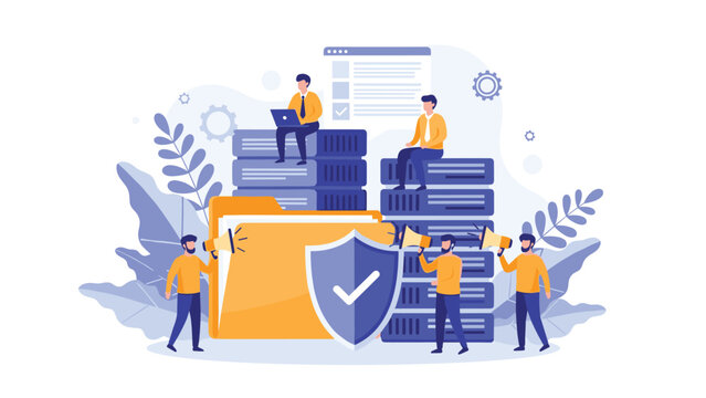 IT professionals protect sensitive data folders with a shield symbol near servers to ensure network cyber security.