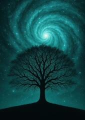 Obraz premium Cosmic tree under swirling galaxy