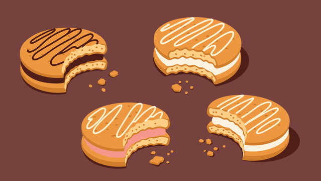 Selection of round sandwich cookies with chocolate, vanilla, and strawberry cream fillings and bite marks on them.
