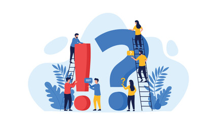 Naklejka premium Creative business team working together to solve problems around giant exclamation point and question mark symbols for success.