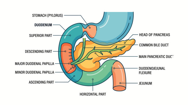 Detailed anatomical diagram illustrating the human pancreas, duodenum, and surrounding digestive system organs with labels.