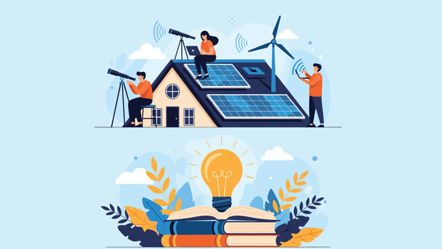 Split conceptual illustration showing renewable energy sources like solar and wind power above a stack of educational books.