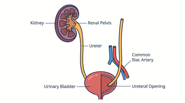 Diagram of the human urinary system showing kidney, ureter, bladder, and associated structures.
