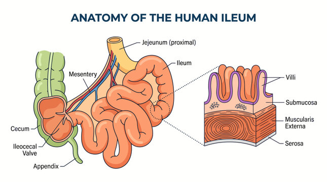 Anatomy of the human ileum showing its connection to the large intestine and a detailed cross-section of its layers including villi.