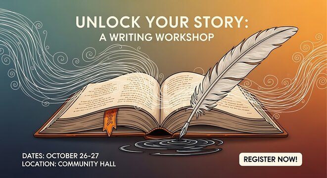 Writing workshop poster with feather quill and inkwell.