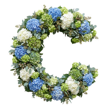 Elegant initial C crafted from vibrant blue and white hydrangeas with fresh green foliage, a beautiful floral alphabet design