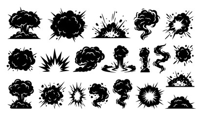 Comic smoke burst and dust explosion effect silhouette vector collection isolated on white background © abdul