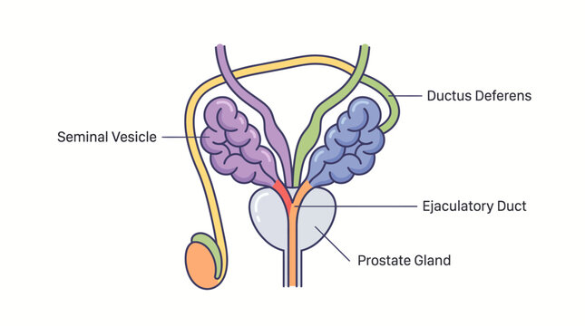 Anatomy of the male reproductive system showing seminal vesicles, ductus deferens, ejaculatory duct, and prostate gland.