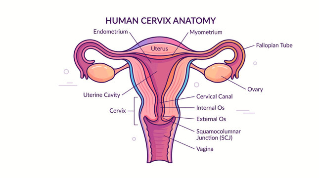 Detailed diagram illustrating human cervix anatomy and female reproductive system structures.