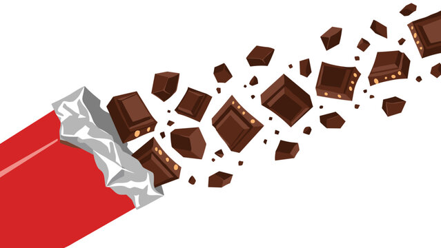 Dark chocolate bar breaks apart with many pieces flying out of a bright red wrapper in dynamic food illustration.