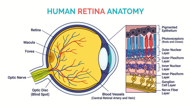 Detailed diagram illustrating the human retina anatomy with labeled parts of the eye and its cellular layers.