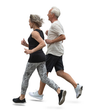 Two sporty senior people running, isolated on white and transparent background