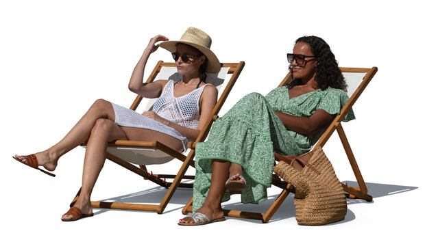 Two women sitting in beach chairs and talking and sunbathing, isolated on white and transparent background