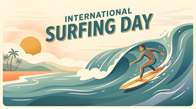 International Surfing Day Retro Vintage Surfing Illustration with Classic Ocean Wave and Clean Typography