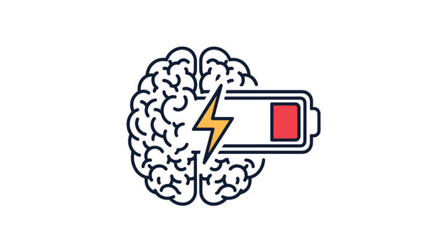 Conceptual illustration of a human brain with a low battery icon and a lightning bolt representing mental fatigue and the need for rest.