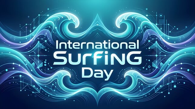 International Surfing Day AI Inspired Modern Artwork with Generative Ocean Waves and Typography