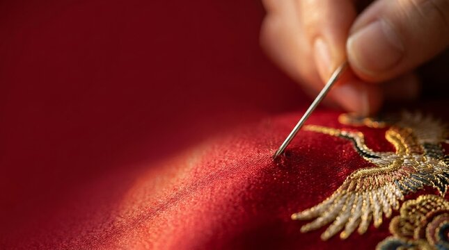 Close-up of hands meticulously embroidering intricate silk crane design on red fabric with fine needlework
