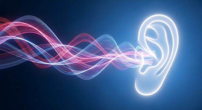 Human ear with abstract sound waves glowing neon effect dark blue background