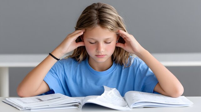 Stressed young student girl reading books and studying at desk with studying education stressed learning academic homework pressure classroom difficult knowledge research studious thinking