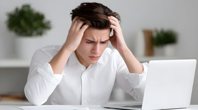 Frustrated young man looking at laptop screen feeling stressed and overwhelmed with work frustrated stressed overwhelmed computer headache pressure desperate exhausted hardship struggle