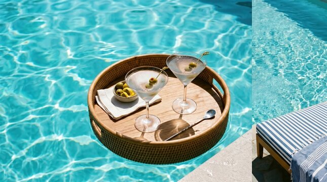 Floating tray holding two martini glasses with olives beside pool edge and striped lounge chair on sunlit turquoise water