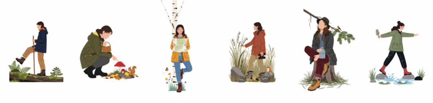 Flat vector character set of a woman engaging in outdoor activities such as hiking, foraging, map reading, and exploring nature during the autumn season.