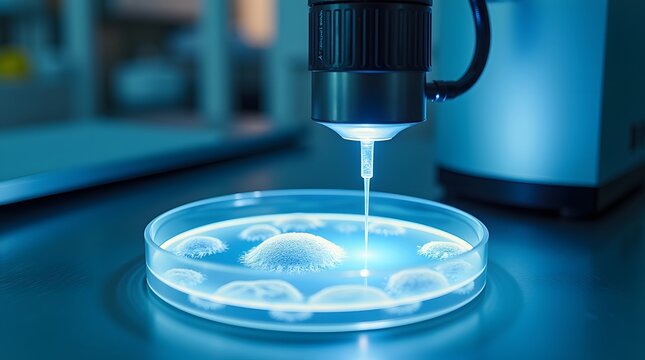 Microscope Analyzing Bacteria Culture on Petri Dish in Modern Laboratory with Blue Illumination