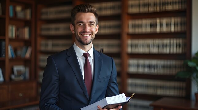 Smiling Young Businessman in Formal Suit Holding Notes in Modern Office with Bookshelves