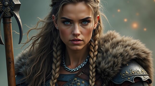 Portrait of a Fierce Female Warrior with Intricate Armor and Braided Hair in an Epic Fantasy Setting