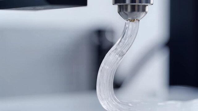 Close-up of 3D printer nozzle extruding clear filament material.